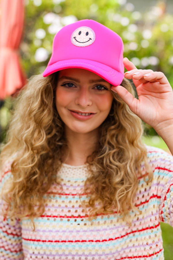 Neon Pink Glitter Smiley Face Mesh Trucker Hat - Coeur de la Mode