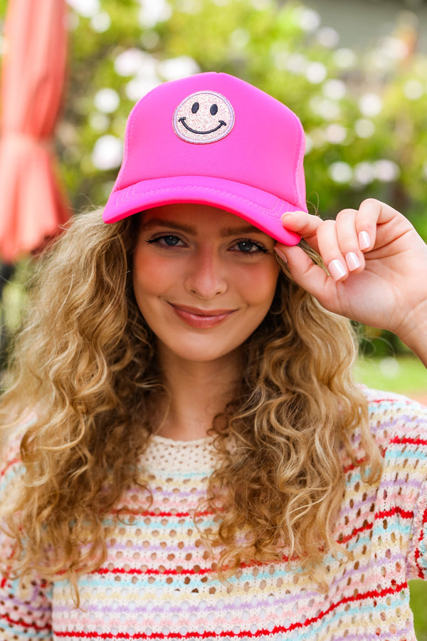 Neon Pink Glitter Smiley Face Mesh Trucker Hat - Coeur de la Mode