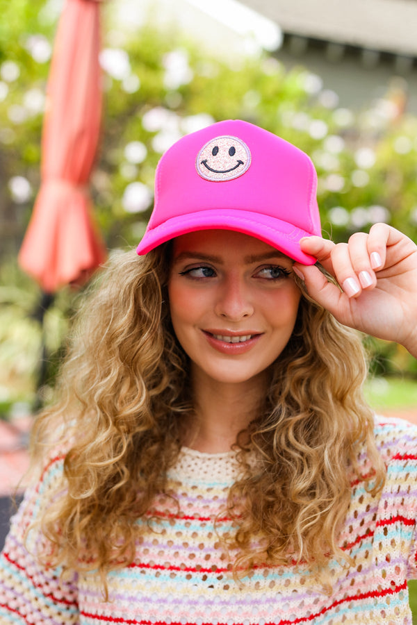 Neon Pink Glitter Smiley Face Mesh Trucker Hat - Coeur de la Mode
