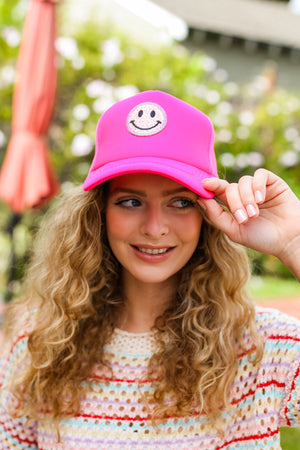 Neon Pink Glitter Smiley Face Mesh Trucker Hat - Coeur de la Mode