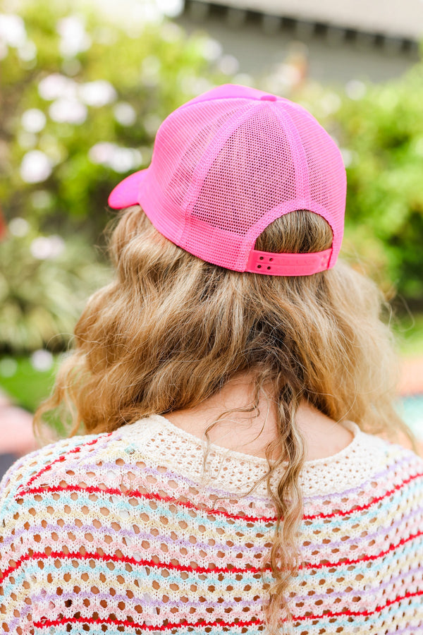 Neon Pink Glitter Smiley Face Mesh Trucker Hat - Coeur de la Mode