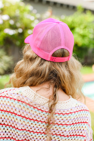 Neon Pink Glitter Smiley Face Mesh Trucker Hat - Coeur de la Mode