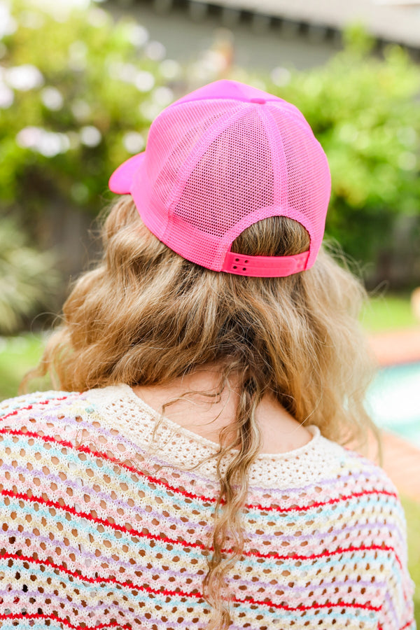 Neon Pink Glitter Smiley Face Mesh Trucker Hat - Coeur de la Mode