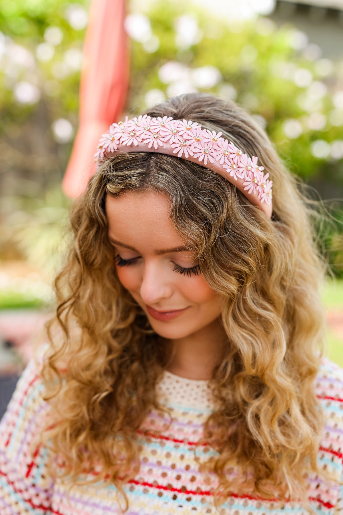 Pink Satin Daisy Rhinestone Headband