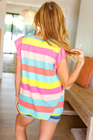 Relaxed Fun Mint & Fuchsia Stripe Flutter Sleeve Terry Knit Top - Coeur de la Mode