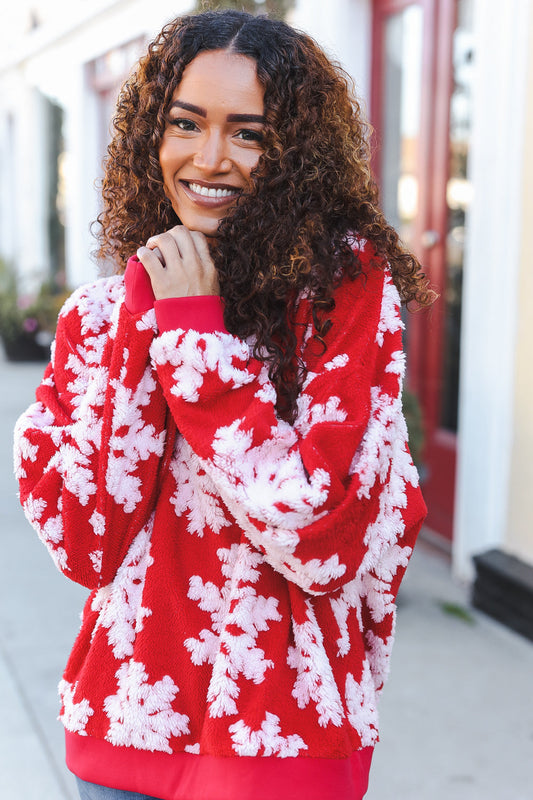 Season Greetings Red Puffy Snowflake Sherpa Pullover