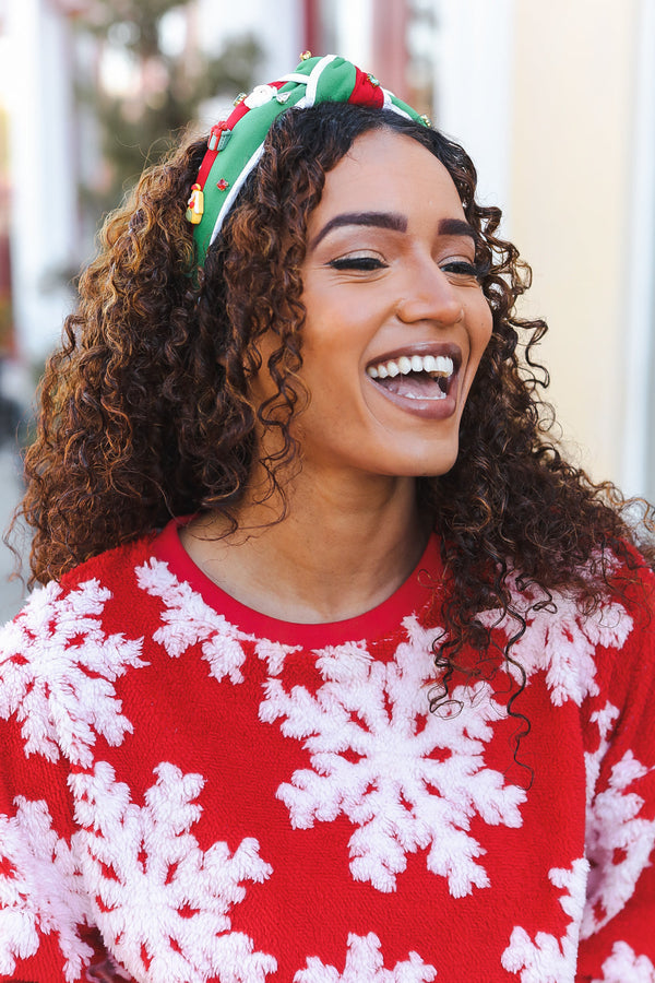 Santa Present Charms & Rhinestone Top Knot Holiday Headband - Coeur de la Mode