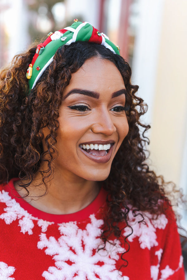 Santa Present Charms & Rhinestone Top Knot Holiday Headband - Coeur de la Mode