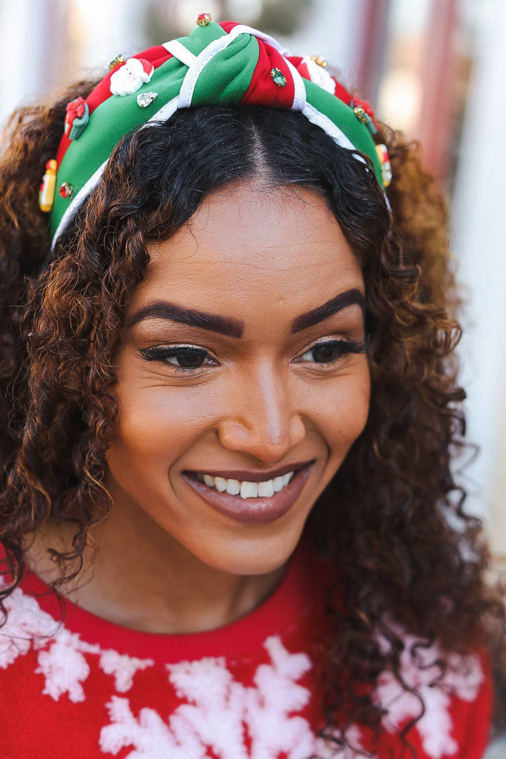 Santa Present Charms & Rhinestone Top Knot Holiday Headband - Coeur de la Mode