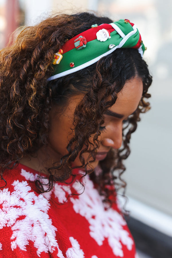 Santa Present Charms & Rhinestone Top Knot Holiday Headband - Coeur de la Mode