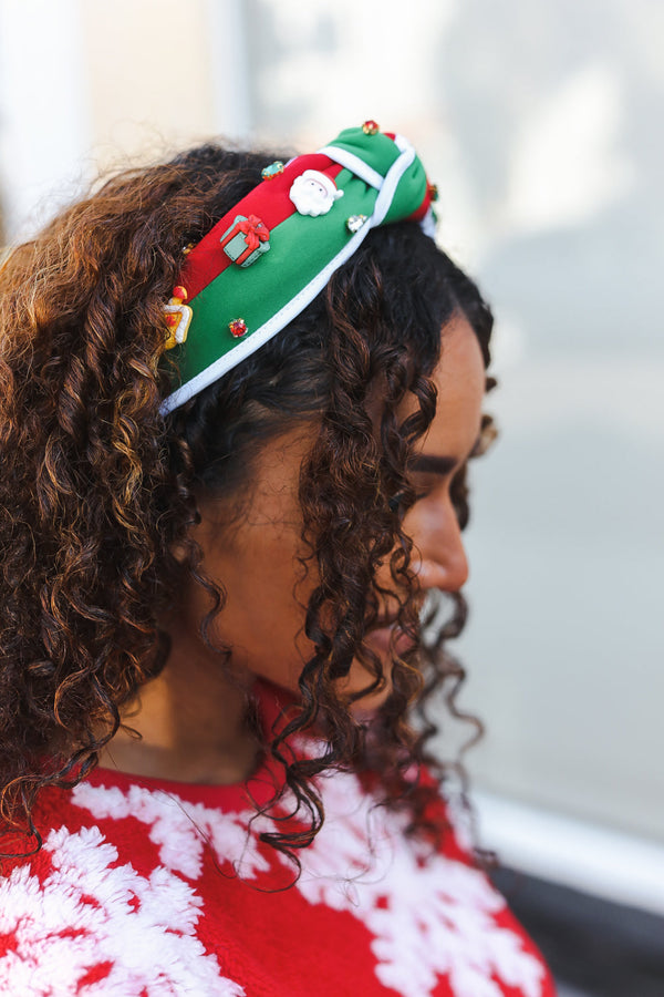 Santa Present Charms & Rhinestone Top Knot Holiday Headband - Coeur de la Mode