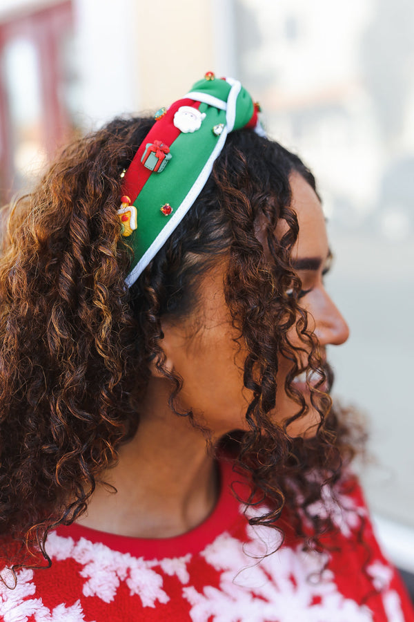 Santa Present Charms & Rhinestone Top Knot Holiday Headband - Coeur de la Mode