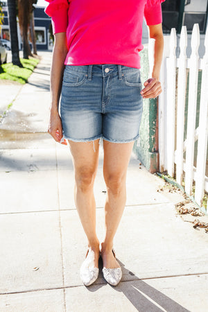 Dark Denim Mid rise raw frayed hem denim shorts - Coeur de la Mode