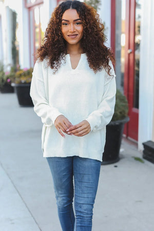 Lock Eyes Ivory Notched Neck With Patch Oversized Sweater - Coeur de la Mode