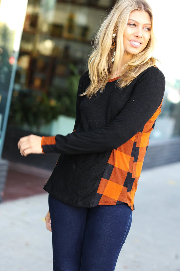 Black & Rust Plaid Hacci Knit Hoodie - Coeur de la Mode