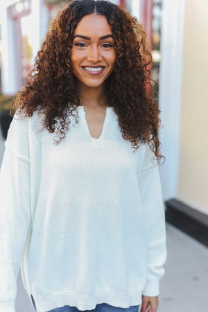 Lock Eyes Ivory Notched Neck With Patch Oversized Sweater - Coeur de la Mode
