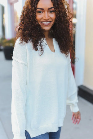 Lock Eyes Ivory Notched Neck With Patch Oversized Sweater - Coeur de la Mode