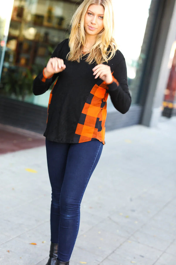 Black & Rust Plaid Hacci Knit Hoodie - Coeur de la Mode