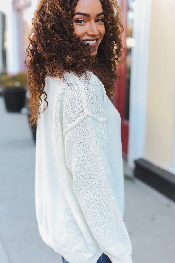 Lock Eyes Ivory Notched Neck With Patch Oversized Sweater - Coeur de la Mode