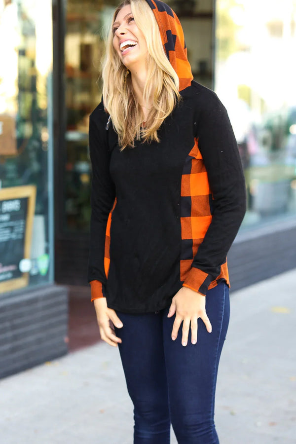 Black & Rust Plaid Hacci Knit Hoodie - Coeur de la Mode