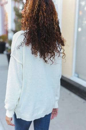 Lock Eyes Ivory Notched Neck With Patch Oversized Sweater - Coeur de la Mode