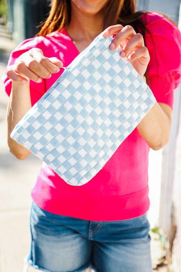Blue & White Checker Cloth/Knit Travel Bag - Coeur de la Mode