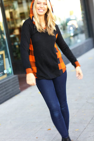 Black & Rust Plaid Hacci Knit Hoodie - Coeur de la Mode