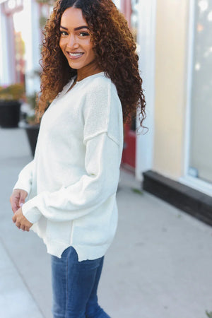 Lock Eyes Ivory Notched Neck With Patch Oversized Sweater - Coeur de la Mode