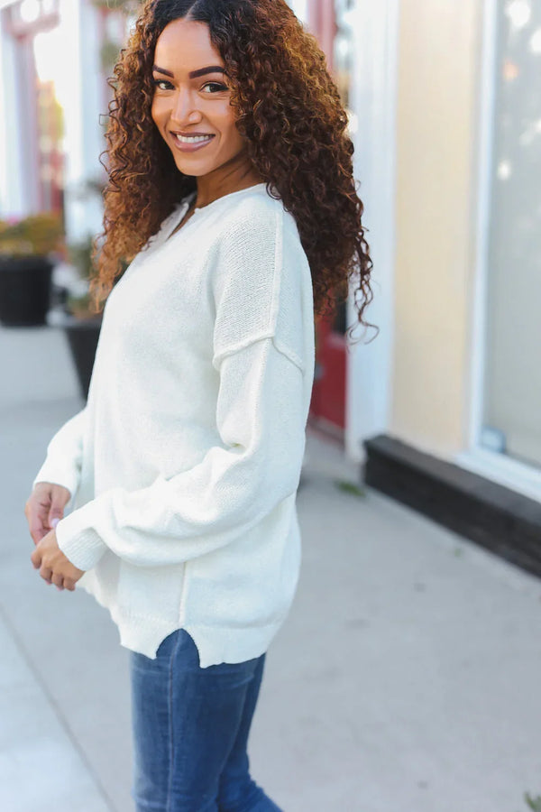 Lock Eyes Ivory Notched Neck With Patch Oversized Sweater - Coeur de la Mode