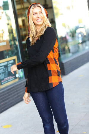 Black & Rust Plaid Hacci Knit Hoodie - Coeur de la Mode