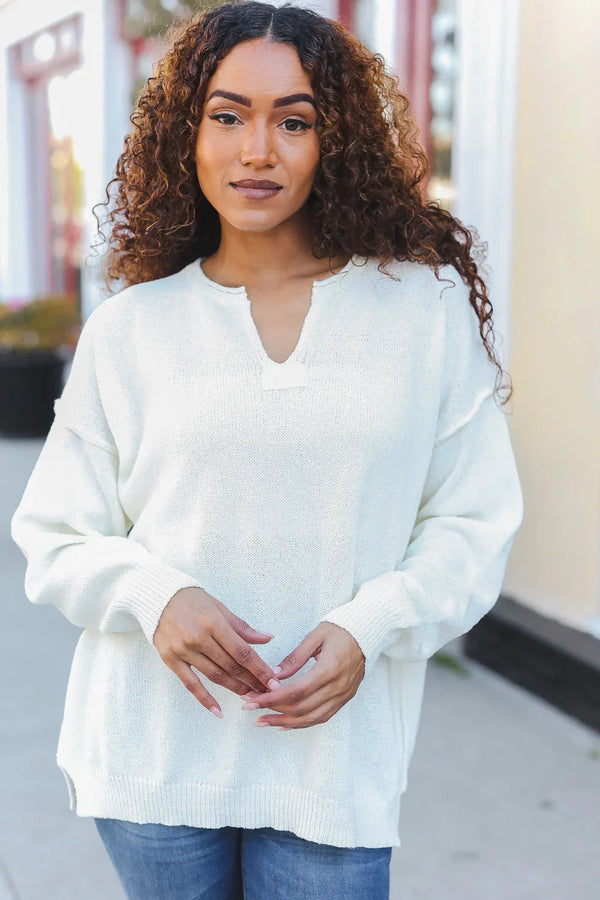 Lock Eyes Ivory Notched Neck With Patch Oversized Sweater - Coeur de la Mode