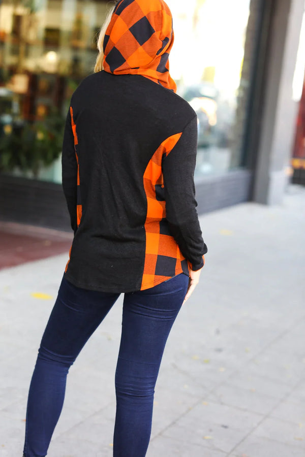Black & Rust Plaid Hacci Knit Hoodie - Coeur de la Mode