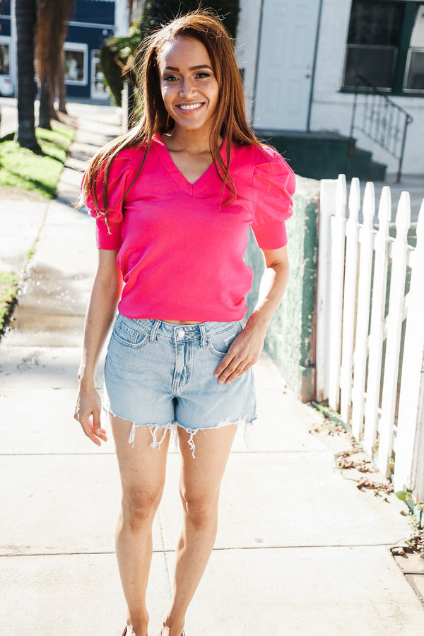 Be Bold Solid Fuchsia Shirred Puff Sleeve Sweater Top - Coeur de la Mode