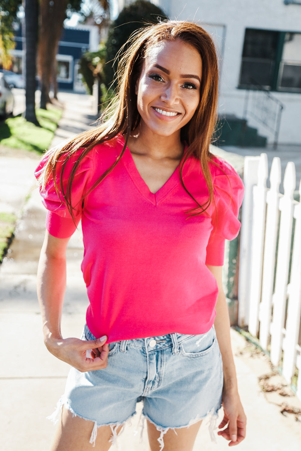 Be Bold Solid Fuchsia Shirred Puff Sleeve Sweater Top - Coeur de la Mode
