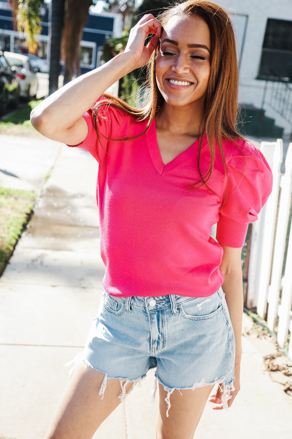 Be Bold Solid Fuchsia Shirred Puff Sleeve Sweater Top