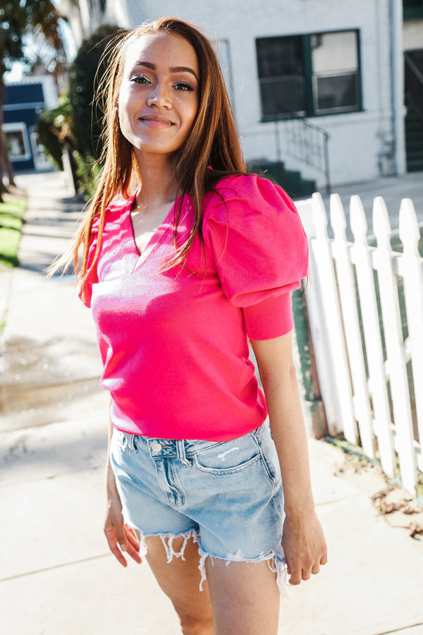 Be Bold Solid Fuchsia Shirred Puff Sleeve Sweater Top - Coeur de la Mode
