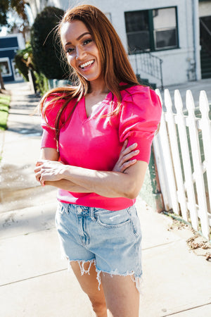 Be Bold Solid Fuchsia Shirred Puff Sleeve Sweater Top - Coeur de la Mode