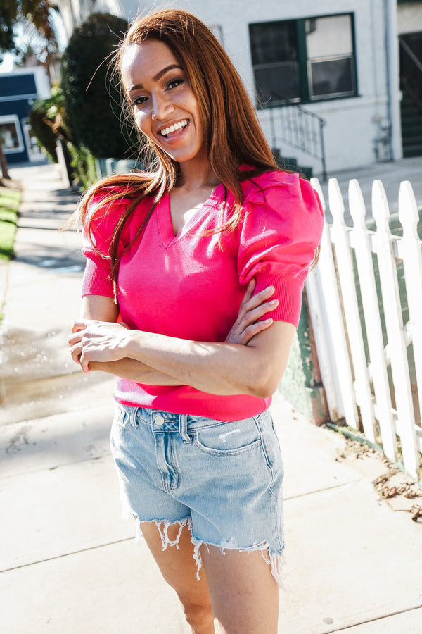 Be Bold Solid Fuchsia Shirred Puff Sleeve Sweater Top - Coeur de la Mode
