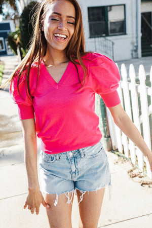Be Bold Solid Fuchsia Shirred Puff Sleeve Sweater Top - Coeur de la Mode