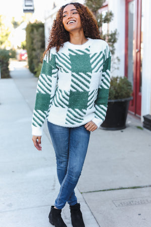Under The Christmas Tree Green Plaid Soft Brushed Hairy Sweater - Coeur de la Mode