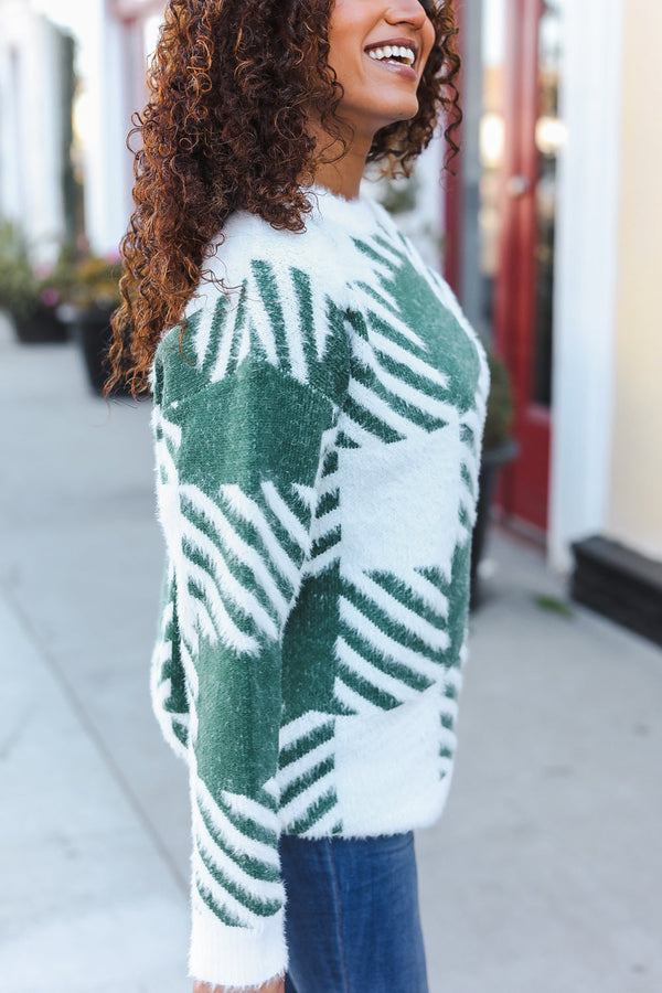 Under The Christmas Tree Green Plaid Soft Brushed Hairy Sweater - Coeur de la Mode