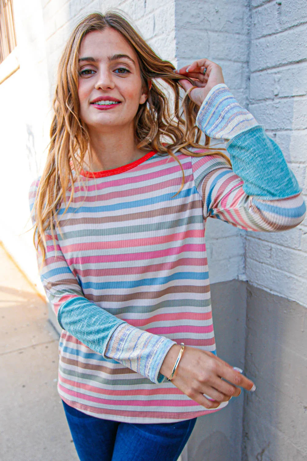 Coral Taupe Multistrip Rib Out Seam Detail Top - Coeur de la Mode