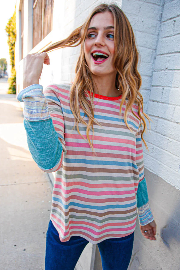 Coral Taupe Multistrip Rib Out Seam Detail Top - Coeur de la Mode