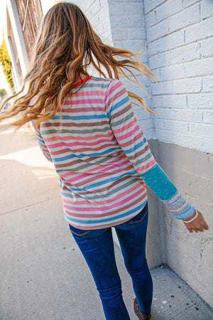 Coral Taupe Multistrip Rib Out Seam Detail Top - Coeur de la Mode