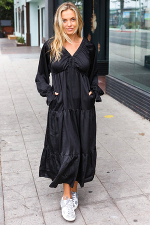 Elegant Black Elastic V Neck Tiered Satin Maxi Dress - Coeur de la Mode