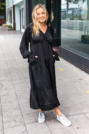 Elegant Black Elastic V Neck Tiered Satin Maxi Dress - Coeur de la Mode