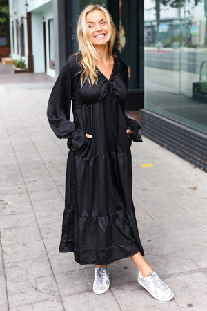 Elegant Black Elastic V Neck Tiered Satin Maxi Dress - Coeur de la Mode