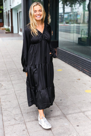 Elegant Black Elastic V Neck Tiered Satin Maxi Dress - Coeur de la Mode