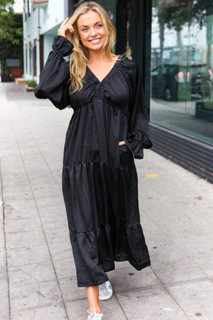 Elegant Black Elastic V Neck Tiered Satin Maxi Dress - Coeur de la Mode