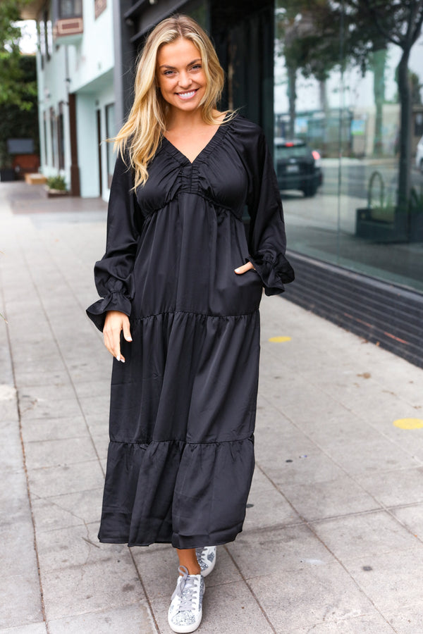 Elegant Black Elastic V Neck Tiered Satin Maxi Dress - Coeur de la Mode